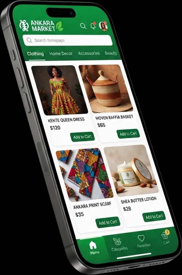 Application mobile de la marketplace affichée sur un smartphone
